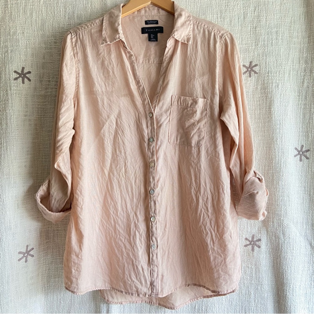 SOLD Tahari mauve pink organic linen shirt L button up long 3/4 sleeve beige
